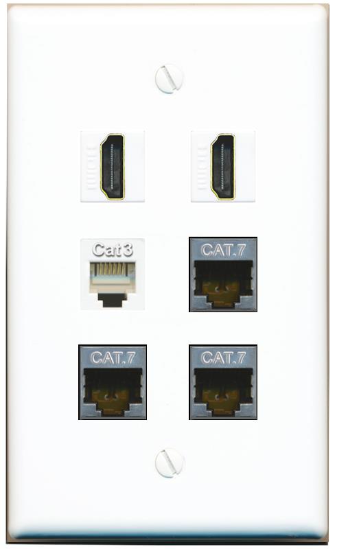 3 CAT7 2 HDMI PHONE Flat/Solid Wall Plate [White]