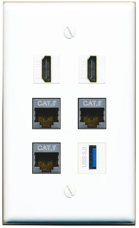  3 CAT7 2 HDMI USB-3 Flat/Solid Wall Plate [White]