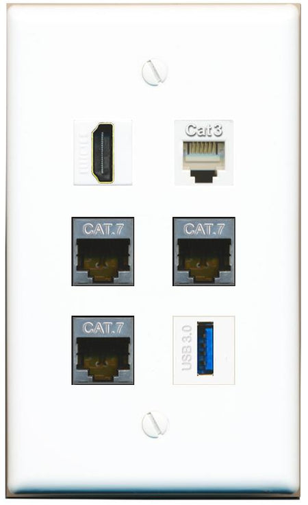  3 CAT7 HDMI PHONE USB-3 Flat/Solid Wall Plate [White]