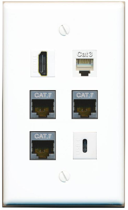  3 CAT7 HDMI PHONE USBC Flat/Solid Wall Plate [White]
