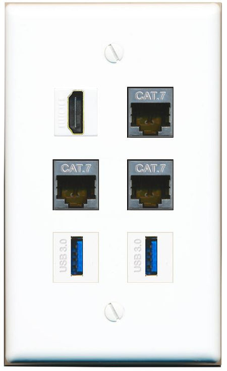  3 CAT7 HDMI 2 USB-3 Flat/Solid Wall Plate [White]