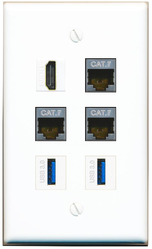  3 CAT7 HDMI 2 USB-3 Flat/Solid Wall Plate [White]
