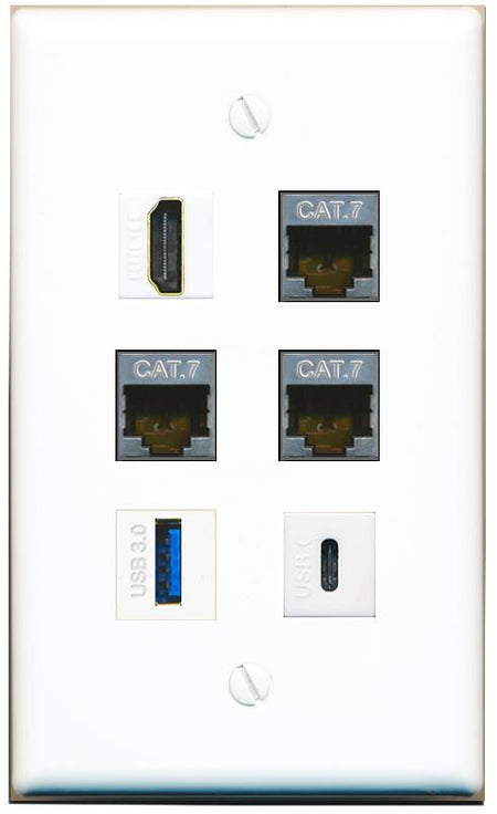  3 CAT7 HDMI USB-3 USBC Flat/Solid Wall Plate [White]
