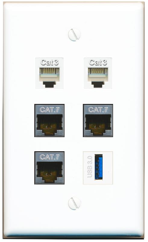  3 CAT7 2 PHONE USB-3 Flat/Solid Wall Plate [White]