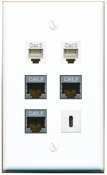  3 CAT7 2 PHONE USBC Flat/Solid Wall Plate [White]