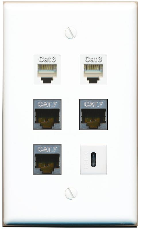  3 CAT7 2 PHONE USBC Flat/Solid Wall Plate [White]