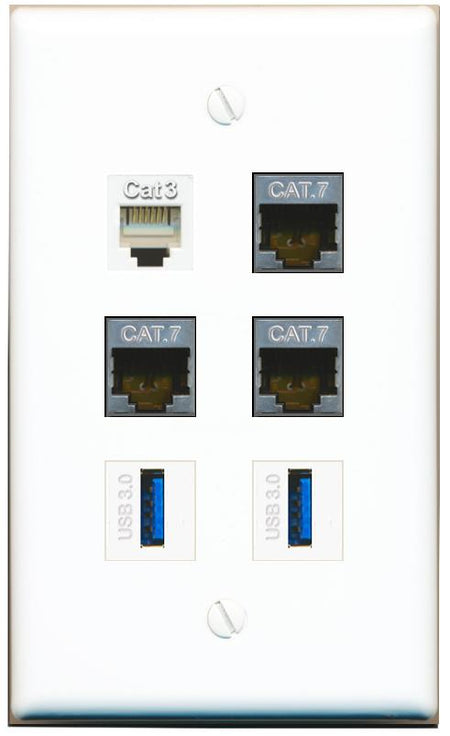  3 CAT7 PHONE 2 USB-3 Flat/Solid Wall Plate [White]
