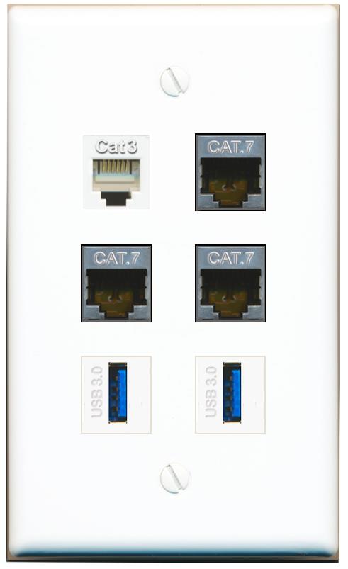  3 CAT7 PHONE 2 USB-3 Flat/Solid Wall Plate [White]