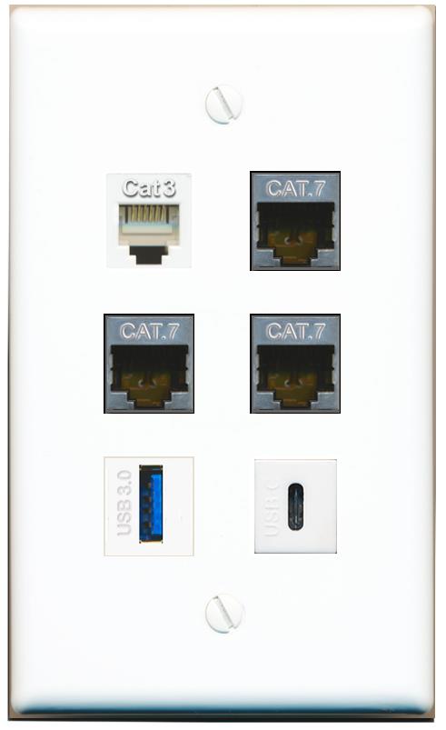  3 CAT7 PHONE USB-3 USBC Flat/Solid Wall Plate [White]