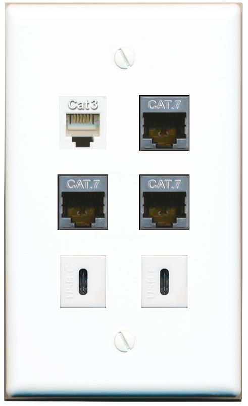  3 CAT7 PHONE 2 USBC Flat/Solid Wall Plate [White]