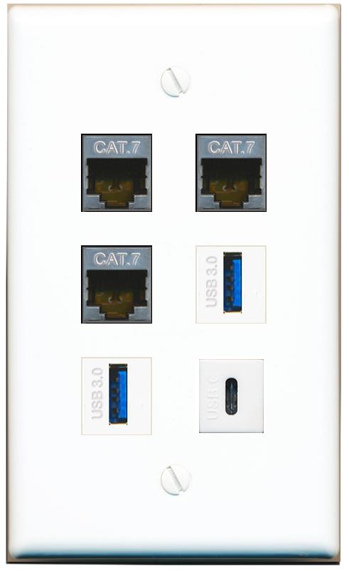  3 CAT7 2 USB-3 USBC Flat/Solid Wall Plate [White]