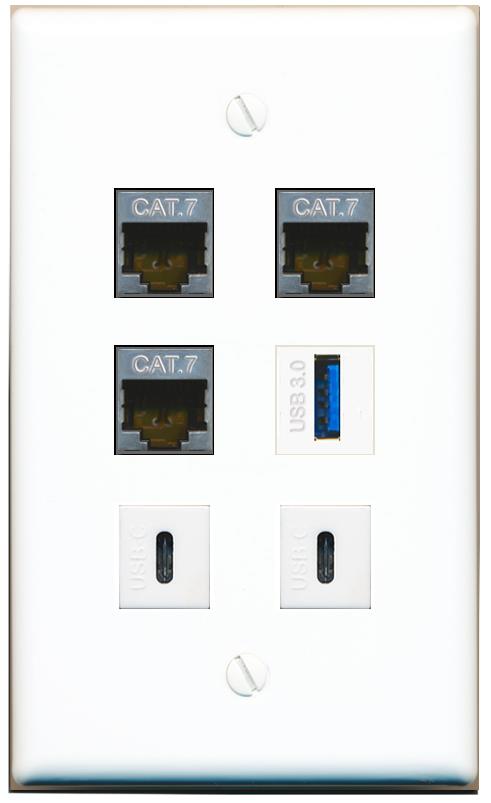  3 CAT7 USB-3 2 USBC Flat/Solid Wall Plate [White]
