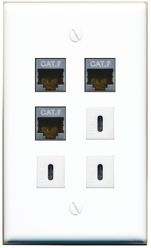  3 CAT7 3 USBC Flat/Solid Wall Plate [White]