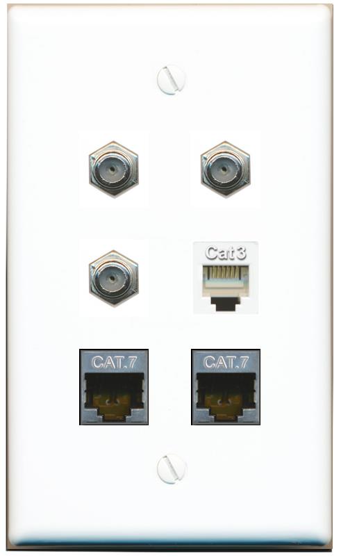  2 CAT7 3 COAX PHONE Flat/Solid Wall Plate [White]
