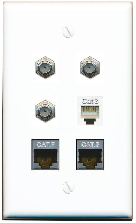  2 CAT7 3 COAX PHONE Flat/Solid Wall Plate [White]