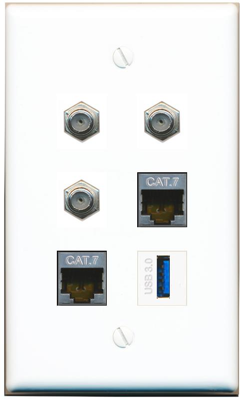  2 CAT7 3 COAX USB-3 Flat/Solid Wall Plate [White]