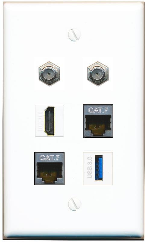  2 CAT7 2 COAX HDMI USB-3 Flat/Solid Wall Plate [White]