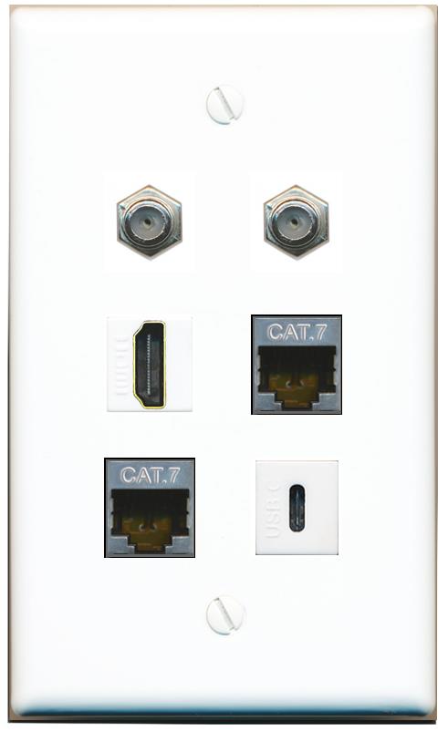  2 CAT7 2 COAX HDMI USBC Flat/Solid Wall Plate [White]