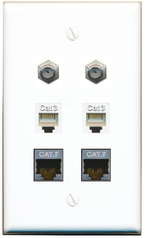  2 CAT7 2 COAX 2 PHONE Flat/Solid Wall Plate [White]