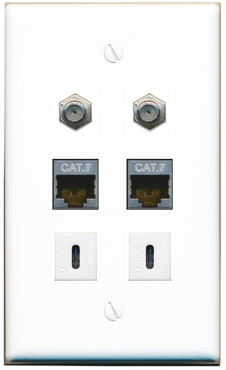  2 CAT7 2 COAX 2 USBC Flat/Solid Wall Plate [White]