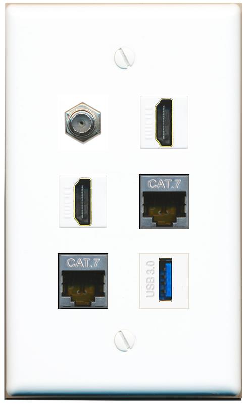  2 CAT7 COAX 2 HDMI USB-3 Flat/Solid Wall Plate [White]