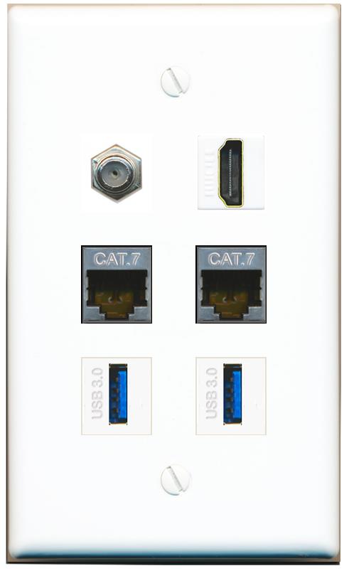  2 CAT7 COAX HDMI 2 USB-3 Flat/Solid Wall Plate [White]