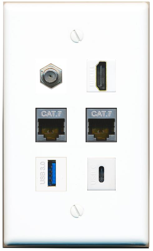  2 CAT7 COAX HDMI USB-3 USBC Flat/Solid Wall Plate [White]