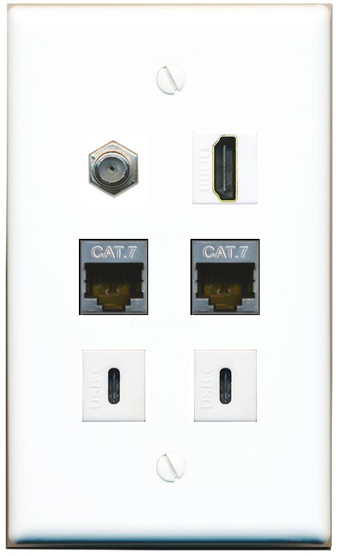  2 CAT7 COAX HDMI 2 USBC Flat/Solid Wall Plate [White]