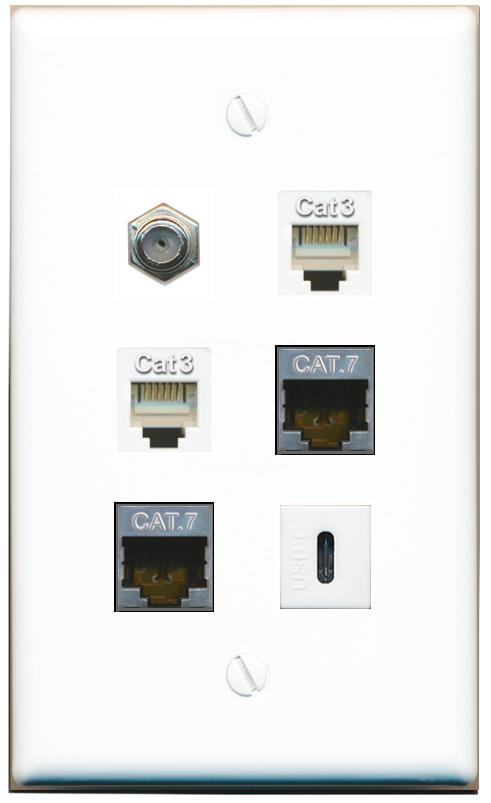  2 CAT7 COAX 2 PHONE USBC Flat/Solid Wall Plate [White]