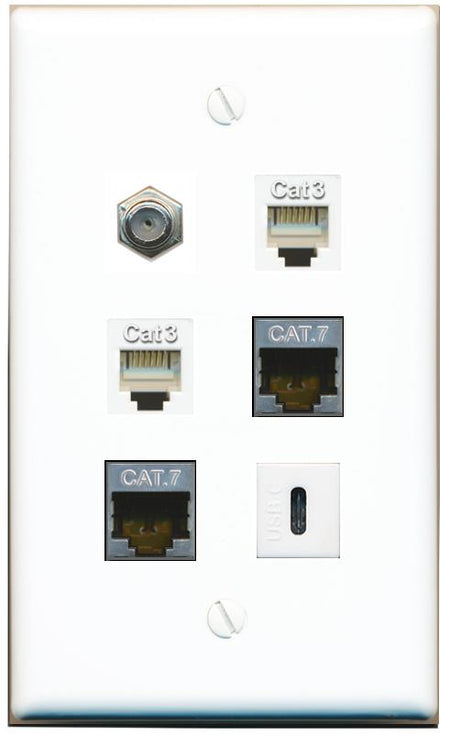  2 CAT7 COAX 2 PHONE USBC Flat/Solid Wall Plate [White]