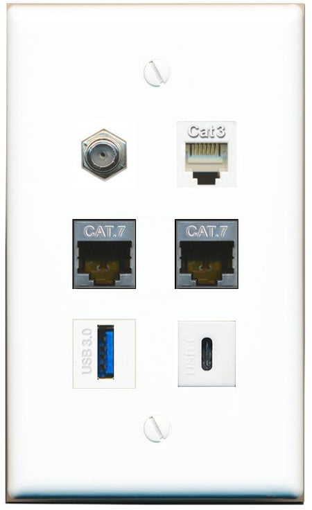  2 CAT7 COAX PHONE USB-3 USBC Flat/Solid Wall Plate [White]