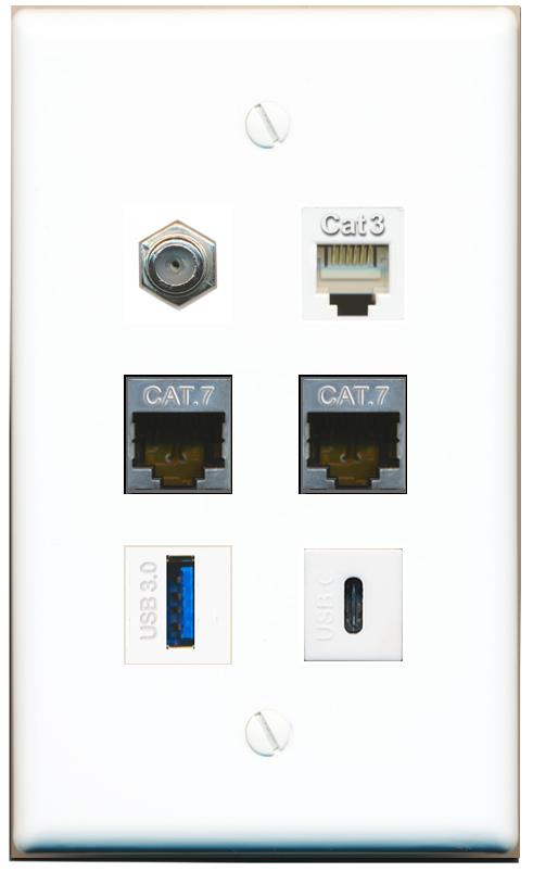  2 CAT7 COAX PHONE USB-3 USBC Flat/Solid Wall Plate [White]