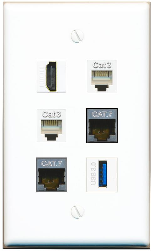  2 CAT7 HDMI 2 PHONE USB-3 Flat/Solid Wall Plate [White]