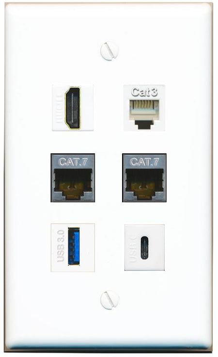  2 CAT7 HDMI PHONE USB-3 USBC Flat/Solid Wall Plate [White]