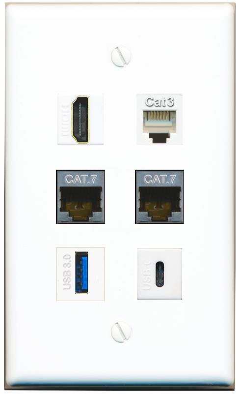  2 CAT7 HDMI PHONE USB-3 USBC Flat/Solid Wall Plate [White]