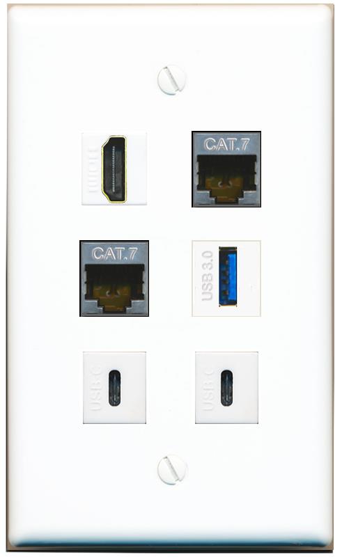  2 CAT7 HDMI USB-3 2 USBC Flat/Solid Wall Plate [White]