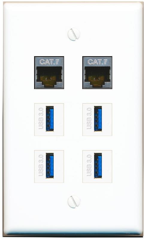 2 CAT7 4 USB-3 Flat/Solid Wall Plate [White]