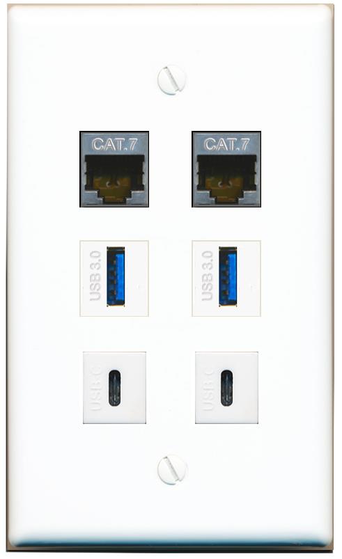  2 CAT7 2 USB-3 2 USBC Flat/Solid Wall Plate [White]