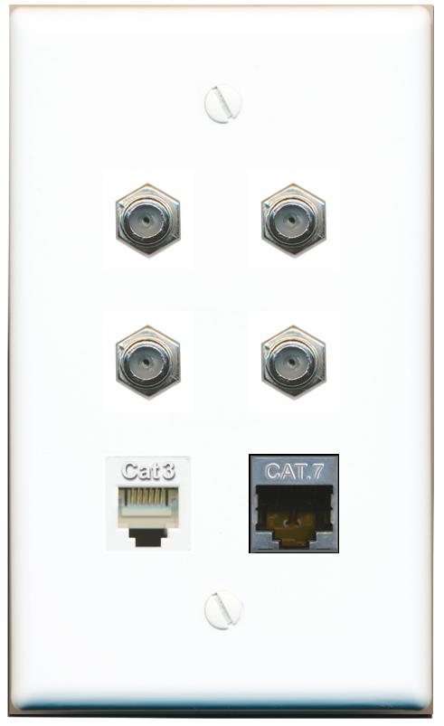  CAT7 4 COAX PHONE Flat/Solid Wall Plate [White]