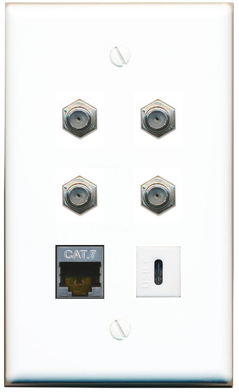  CAT7 4 COAX USBC Flat/Solid Wall Plate [White]