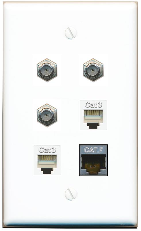  CAT7 3 COAX 2 PHONE Flat/Solid Wall Plate [White]