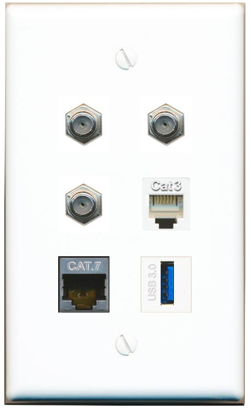  CAT7 3 COAX PHONE USB-3 Flat/Solid Wall Plate [White]