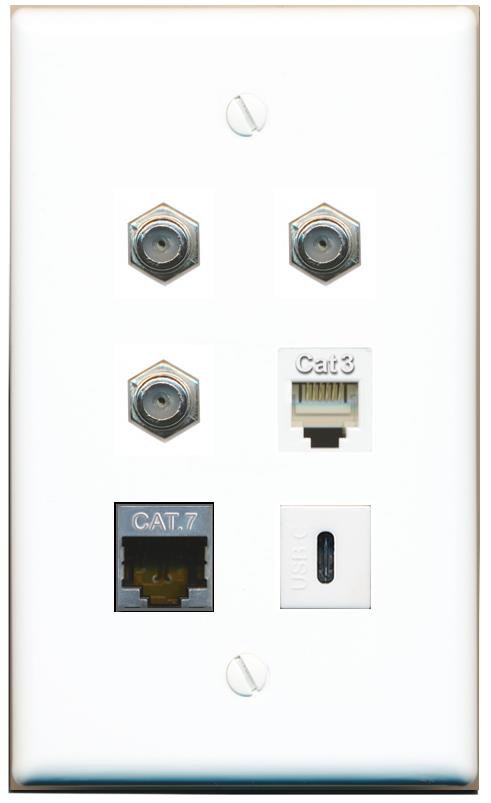  CAT7 3 COAX PHONE USBC Flat/Solid Wall Plate [White]