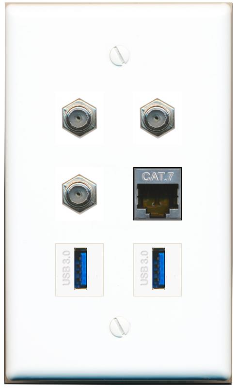  CAT7 3 COAX 2 USB-3 Flat/Solid Wall Plate [White]