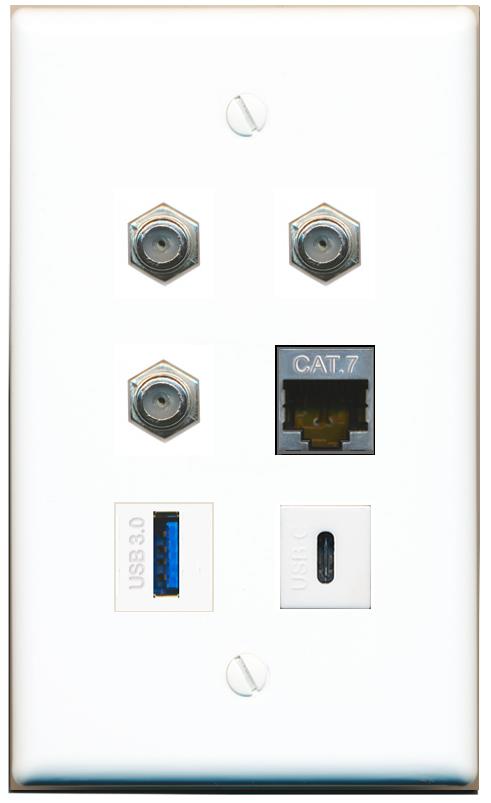  CAT7 3 COAX USB-3 USBC Flat/Solid Wall Plate [White]