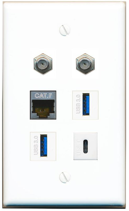  CAT7 2 COAX 2 USB-3 USBC Flat/Solid Wall Plate [White]