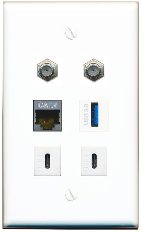  CAT7 2 COAX USB-3 2 USBC Flat/Solid Wall Plate [White]