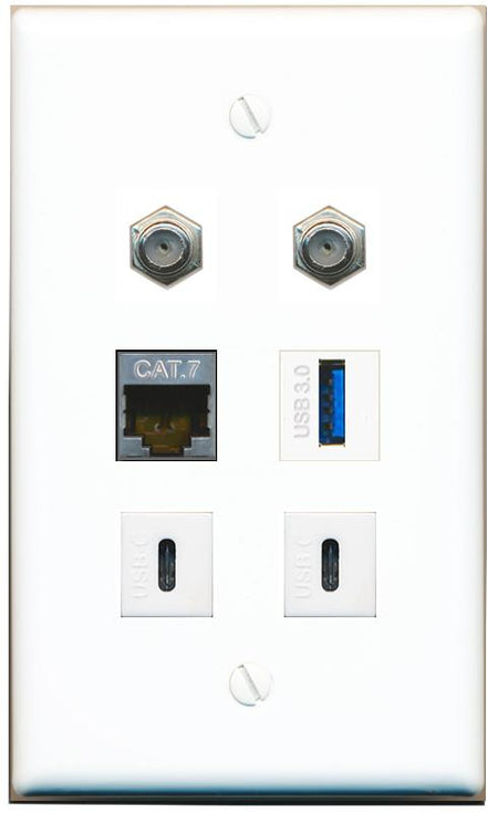  CAT7 2 COAX USB-3 2 USBC Flat/Solid Wall Plate [White]