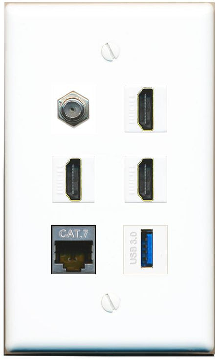  CAT7 COAX 3 HDMI USB-3 Flat/Solid Wall Plate [White]