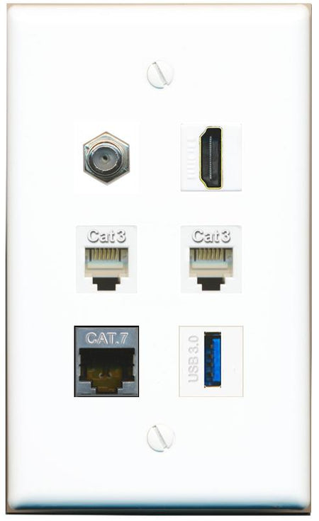  CAT7 COAX HDMI 2 PHONE USB-3 Flat/Solid Wall Plate [White]